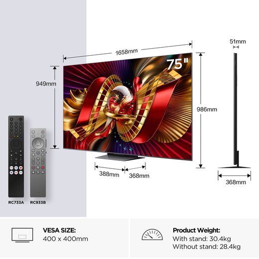 TCL 75" 4K Ultra HD SQD-Mini LED Smart Google TV - annotation - dimensions shot 