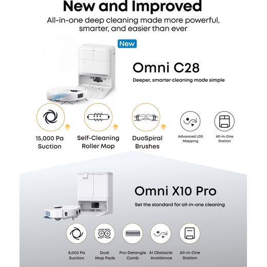 Eufy Omni C28 Robotic Vacuum Cleaner - White - annotation - new and improved shot