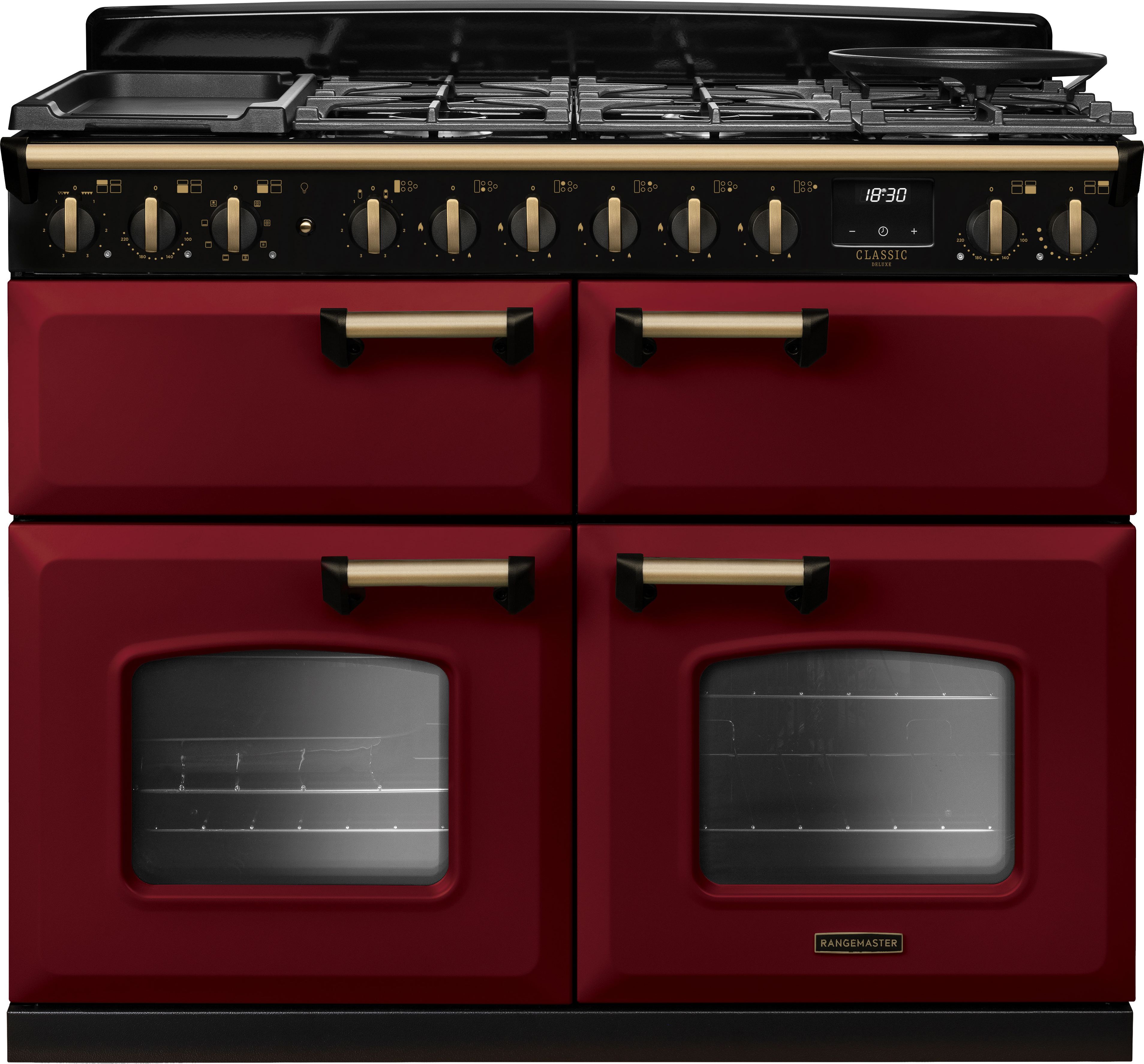 Image of Rangemaster Classic Deluxe 110 CLDLB110DFPBOR/AB1 110cm wide Dual Fuel Range Cooker with Gas Hob - Bordeaux / Antique Brass - A/A/A Rated, Red