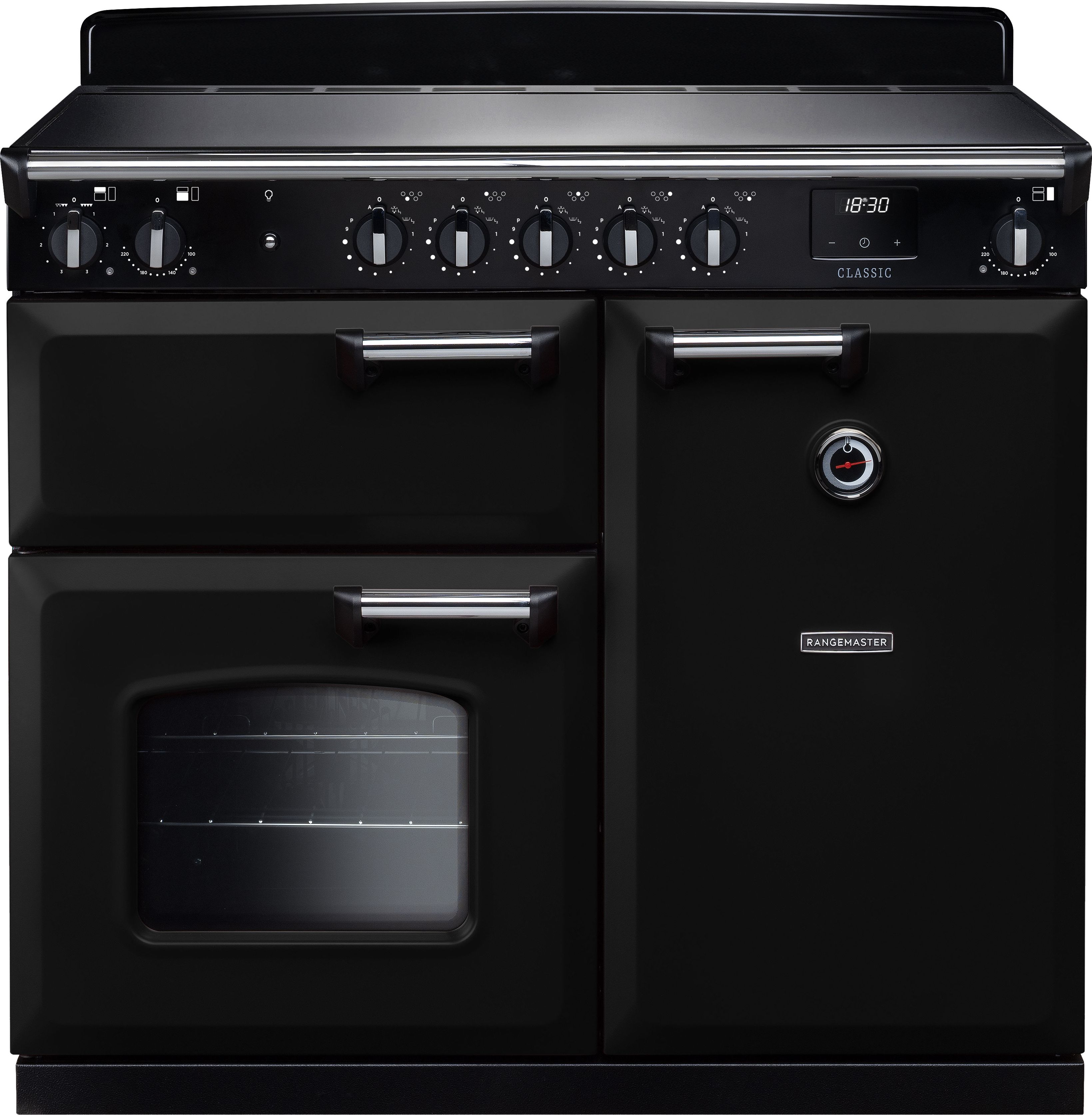Image of Rangemaster Classic CL100EIPGBL/CM1 100cm wide Electric Range Cooker with Induction Hob - Black / Chrome - A/A Rated, Black