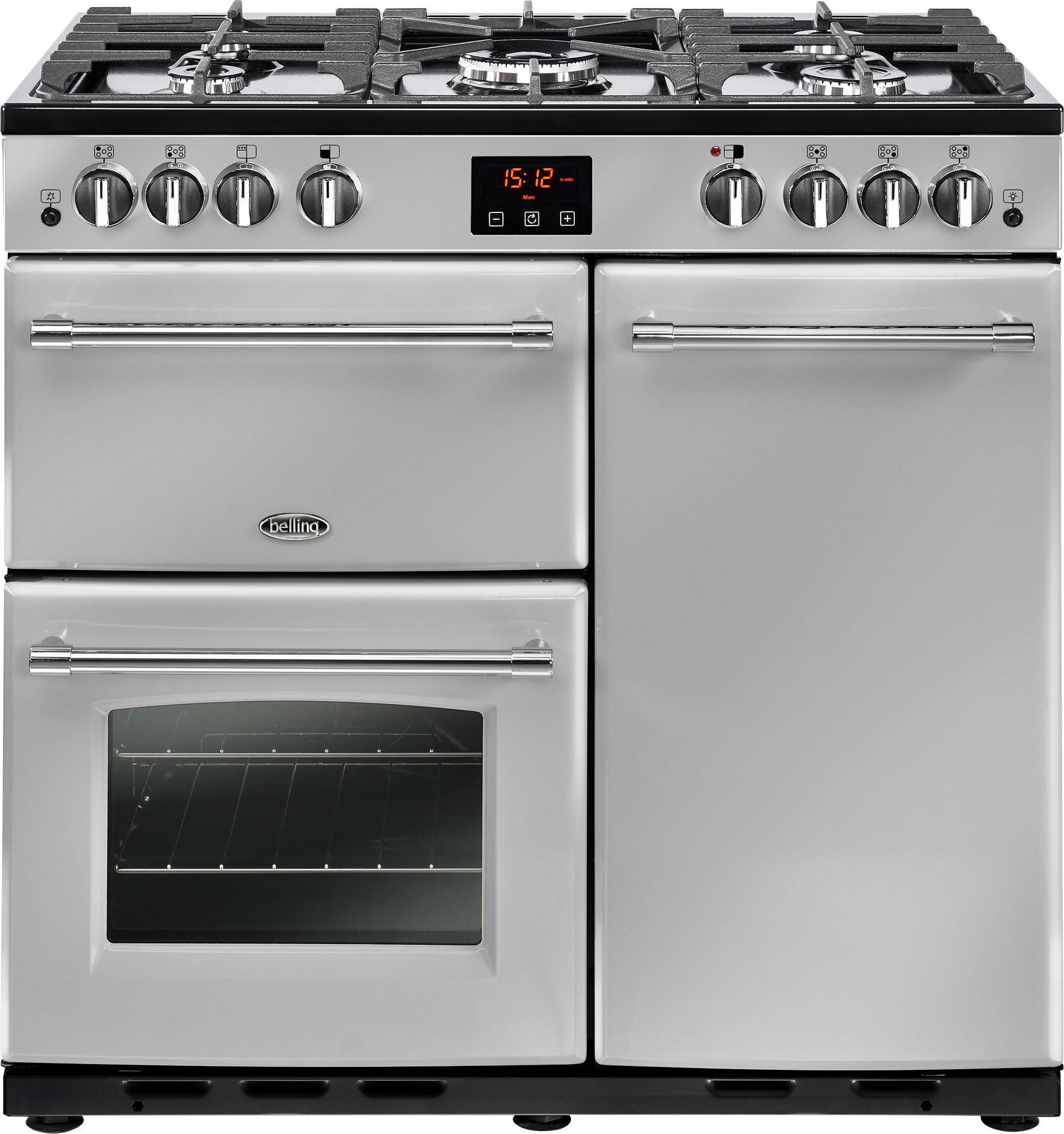 Belling FarmhouseX90G 90cm Gas Range Cooker with Electric Fan Oven - Silver - A/A Rated, Silver