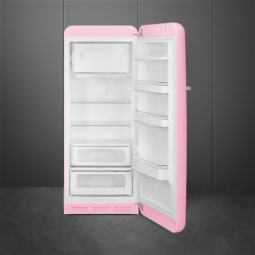 Smeg Right Hand Hinge FAB28RPK6 153cm High Small Fridge with Ice Box - Pink - Front with door open shot