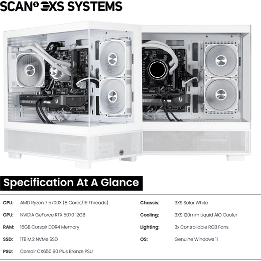 3XS Systems Gaming PC - NVIDIA® GeForce RTX™ 5070, AMD Ryzen™ 7, 1TB SSD, 16 GB RAM - White - annotation - spec shot