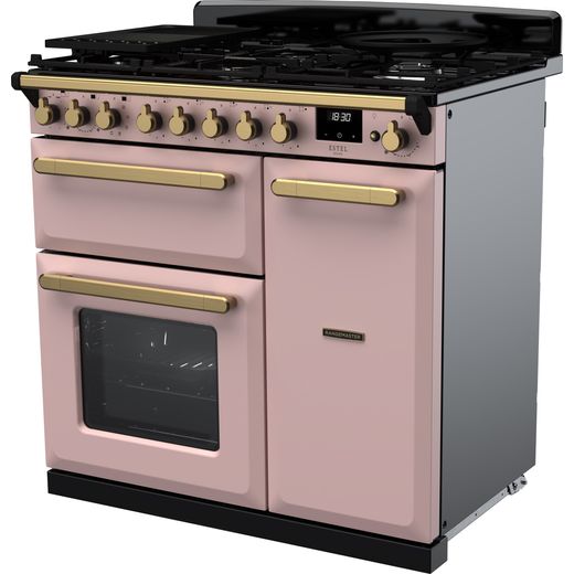 Rangemaster Estel Deluxe Dual Fuel Range Cooker - Pale Pink / Antique Brass - Left perspective shot