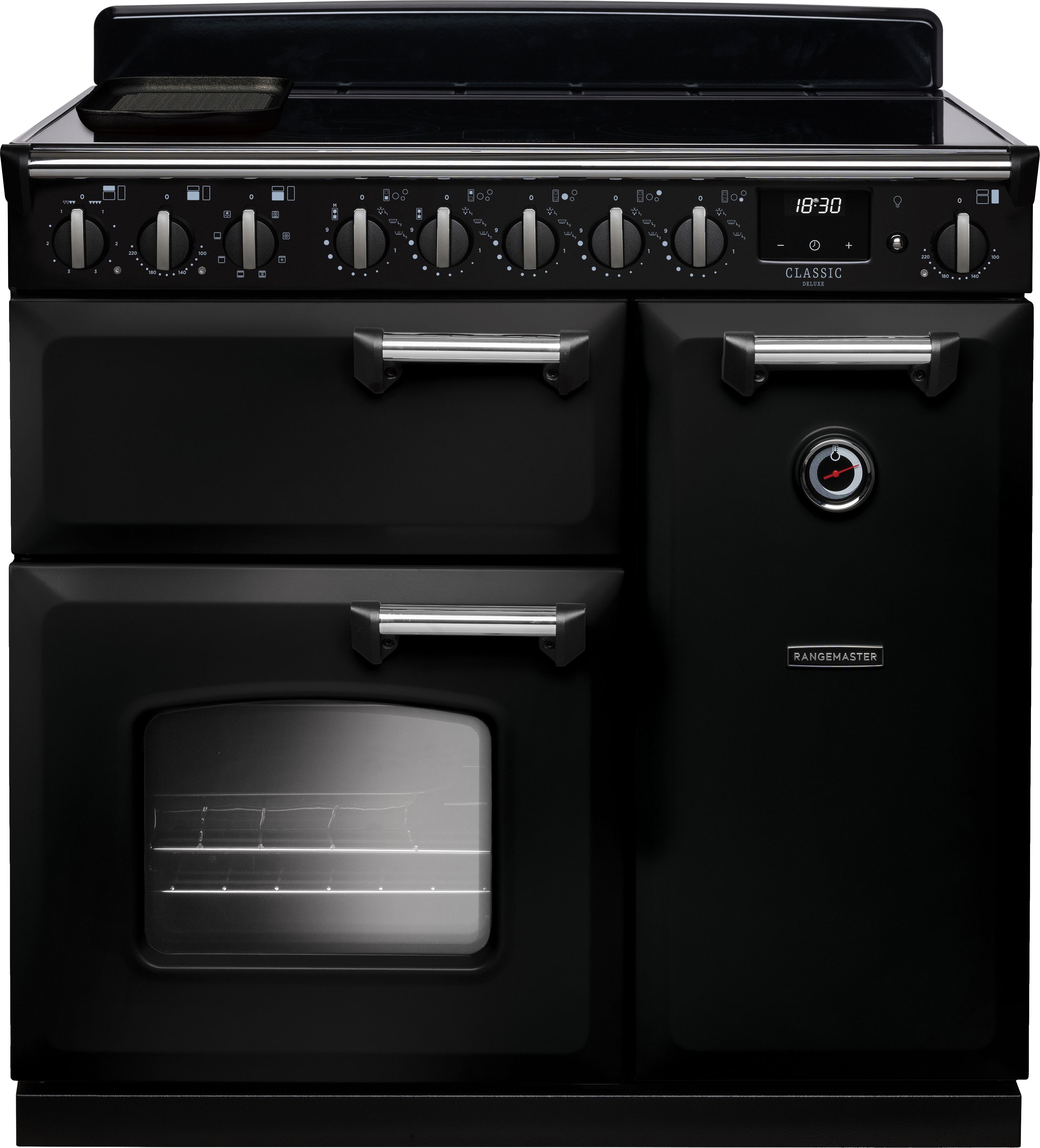 Image of Rangemaster Classic Deluxe CLDL90EIPGBL/CM1 90cm wide Electric Range Cooker with Induction Hob - Black / Chrome - A/A Rated, Black