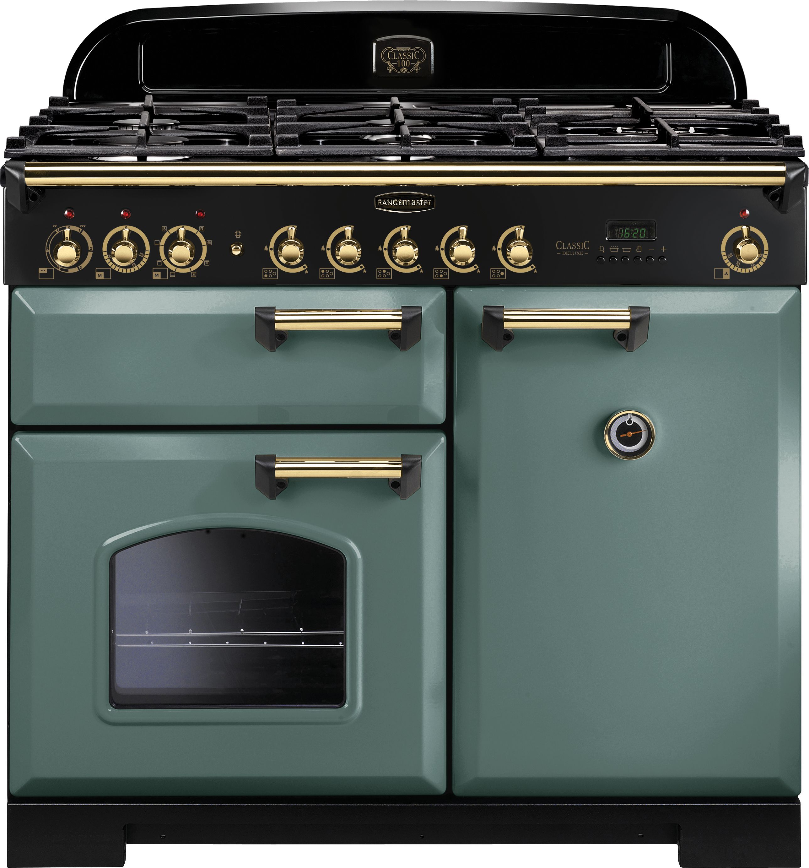 Rangemaster Classic Deluxe CDL100DFFMG/B 100cm Dual Fuel Range Cooker - Mineral Green / Brass - A/A Rated, Green
