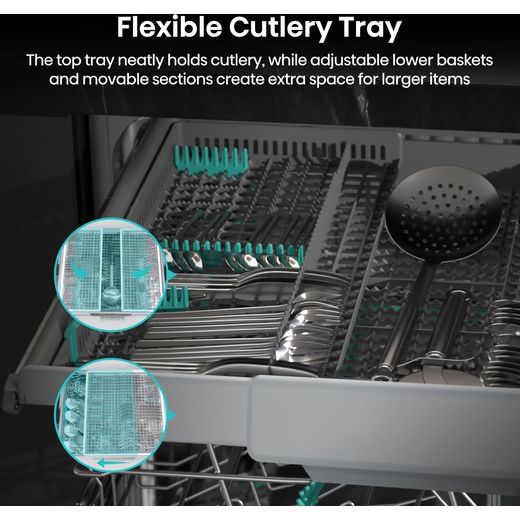 Hisense HV16AUK Full-Size Fully Integrated Dishwasher - Annotation - Flexible cutlery tray