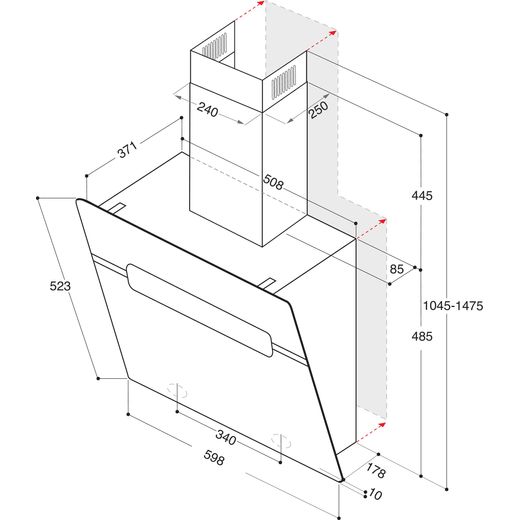 Hotpoint PHVS61FLTDPK 60 cm Angled Chimney Cooker Hood - Black - Annotation - Dimension shot