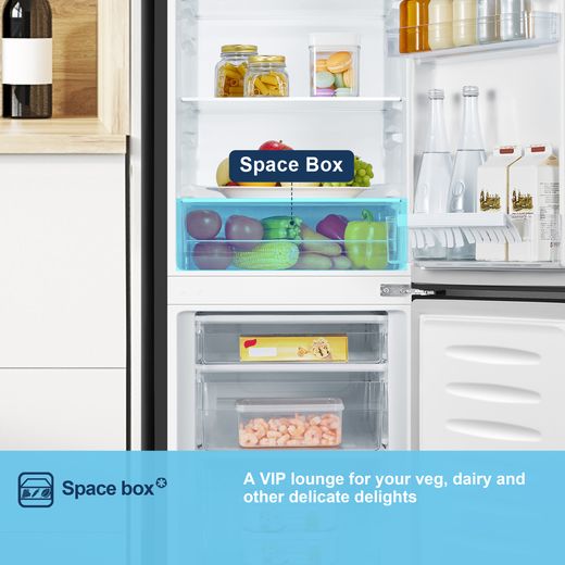 Fridgemaster MC50165EB 143cm 60/40 Small Fridge Freezer - Black - Annotation - Space box shot
