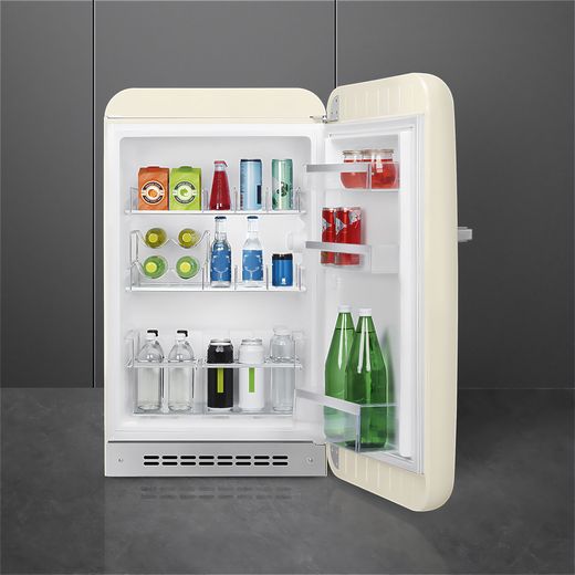 Smeg 50s Style Right Hand Hinged Home Bar FAB10HRCR6 97cm High Fridge - Cream - Fridge door open in room shot