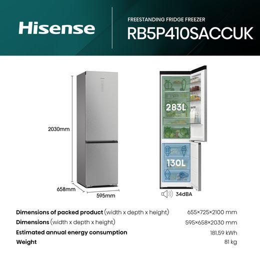 Hisense RB5P410SACCUK 203cm High No Frost Fridge Freezer - Stainless Steel - Annotation - Dimension shot 