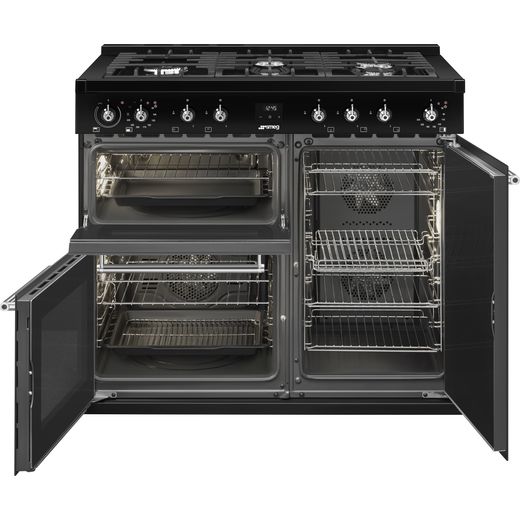 Smeg Concert 100cm Dual Fuel Range Cooker - Black - Front with door open shot 