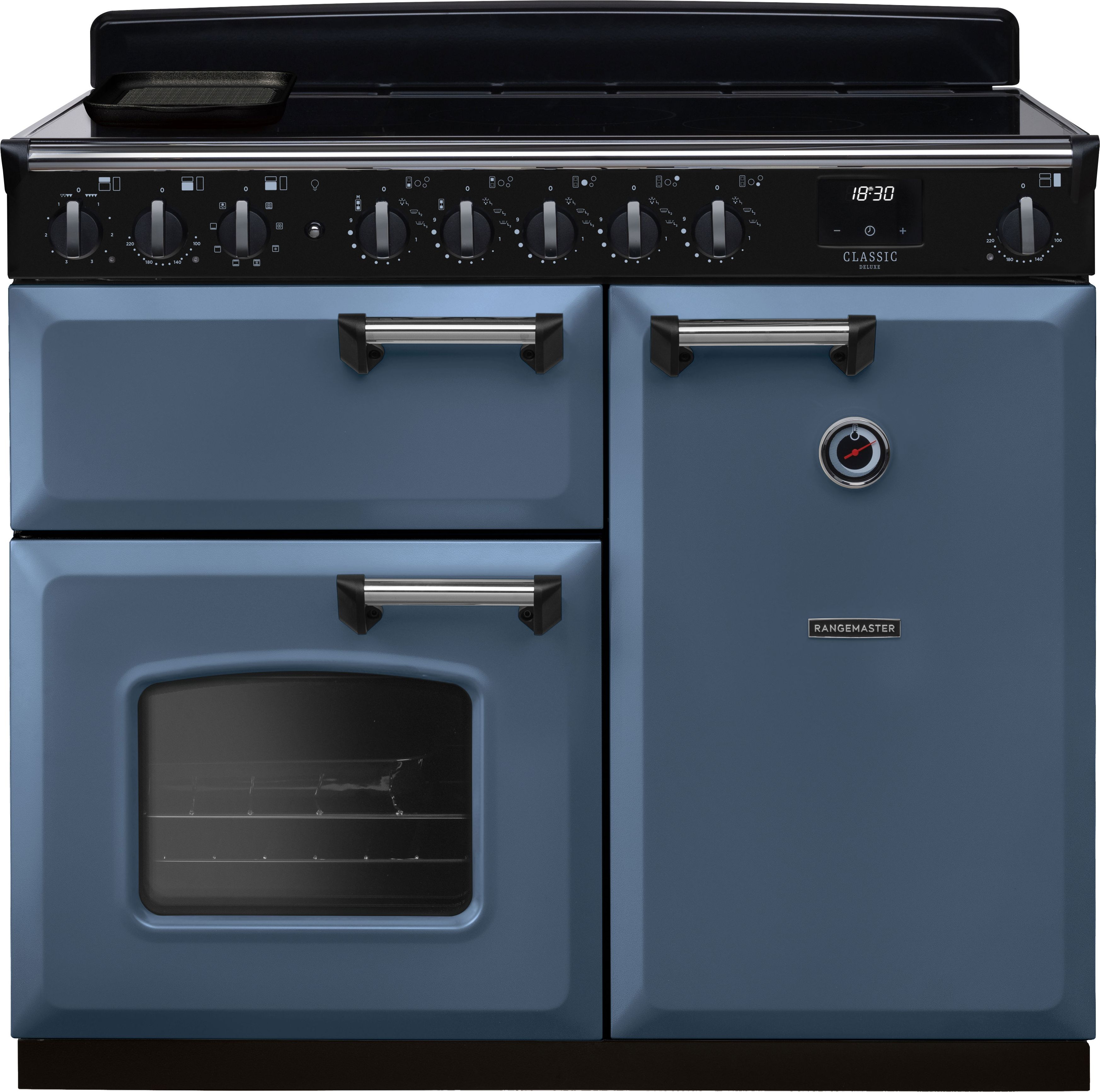 Image of Rangemaster Classic Deluxe CLDL100EIPSTB/CM1 100cm wide Electric Range Cooker with Induction Hob - Stone Blue / Chrome - A/A Rated, Blue