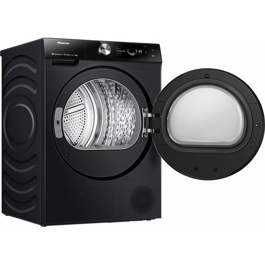 Hisense DH7S107BB Wifi Connected Heat Pump Tumble Dryer - Black - Right perpsective with door open shot