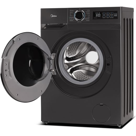 Midea MF110W80BA10/T-UK 8kg Washing Machine with 1400 rpm - Graphite - left perpsective with door open shot