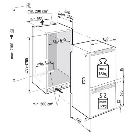 Liebherr Integrated 70/30 Fridge Freezer with Fixed Door Fixing Kit - White - Dimensions