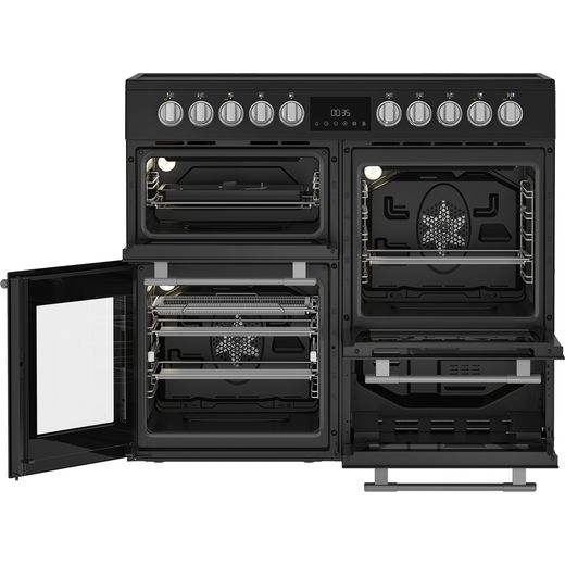 Hotpoint RH100CA21B 100cm wide Electric Range Cooker with Ceramic Hob - Black - front with door open shot