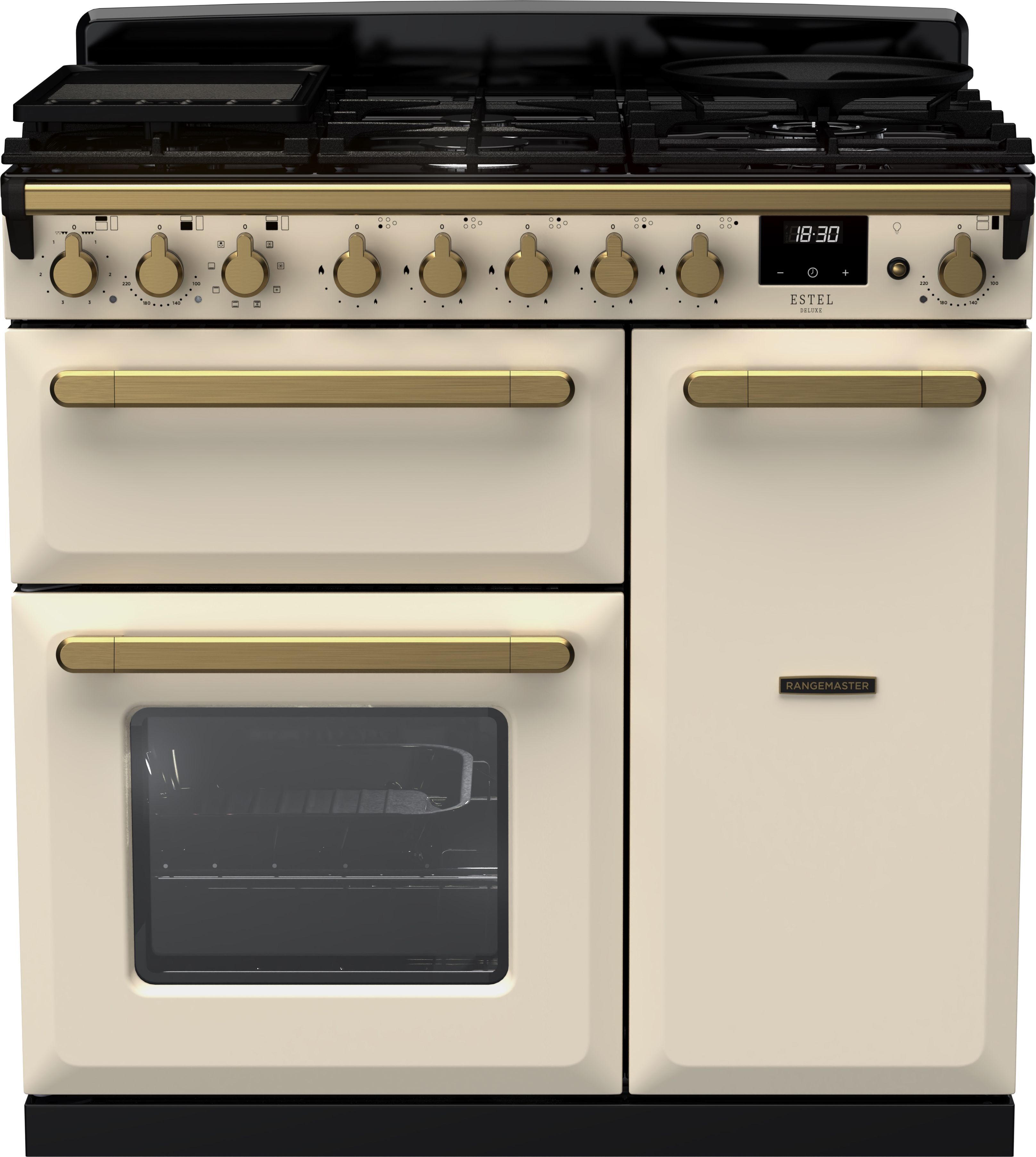 Image of Rangemaster Estel Deluxe ESDL90DFPPCR/AB1 90cm wide Dual Fuel Range Cooker with Gas Hob - Cream / Antique Brass - A/A Rated, Cream