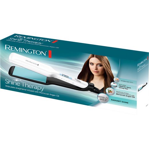Remington Shine Therapy Wide Plate S8550 Hair Straighteners - White - Left box perspective shot