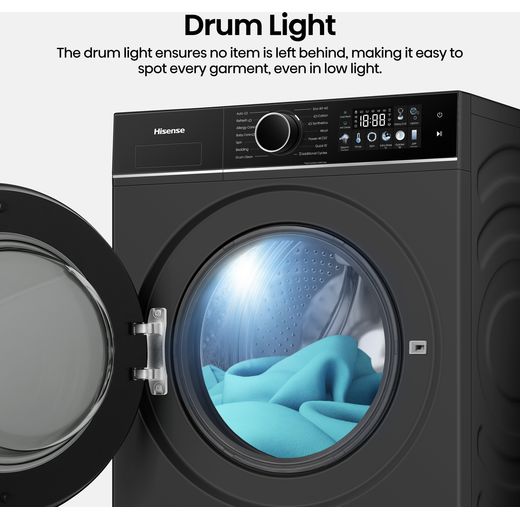 Hisense KitchenFit 3i Series WF3I9043BBFS2 9kg WiFi Connected Washing Machine with 1400 rpm - Black - Annotation - drumlight shot 