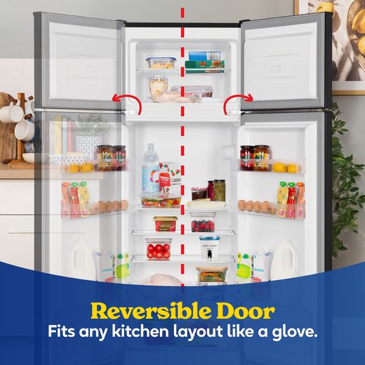 Russell Hobbs RH143TMFF542E1B 143cm 80/20 Small Fridge Freezer - Black - Annotation - reversible door shot