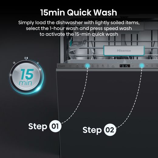 Hisense Integrated Standard Dishwasher - Black - Annotation - 15 minute quick wash
