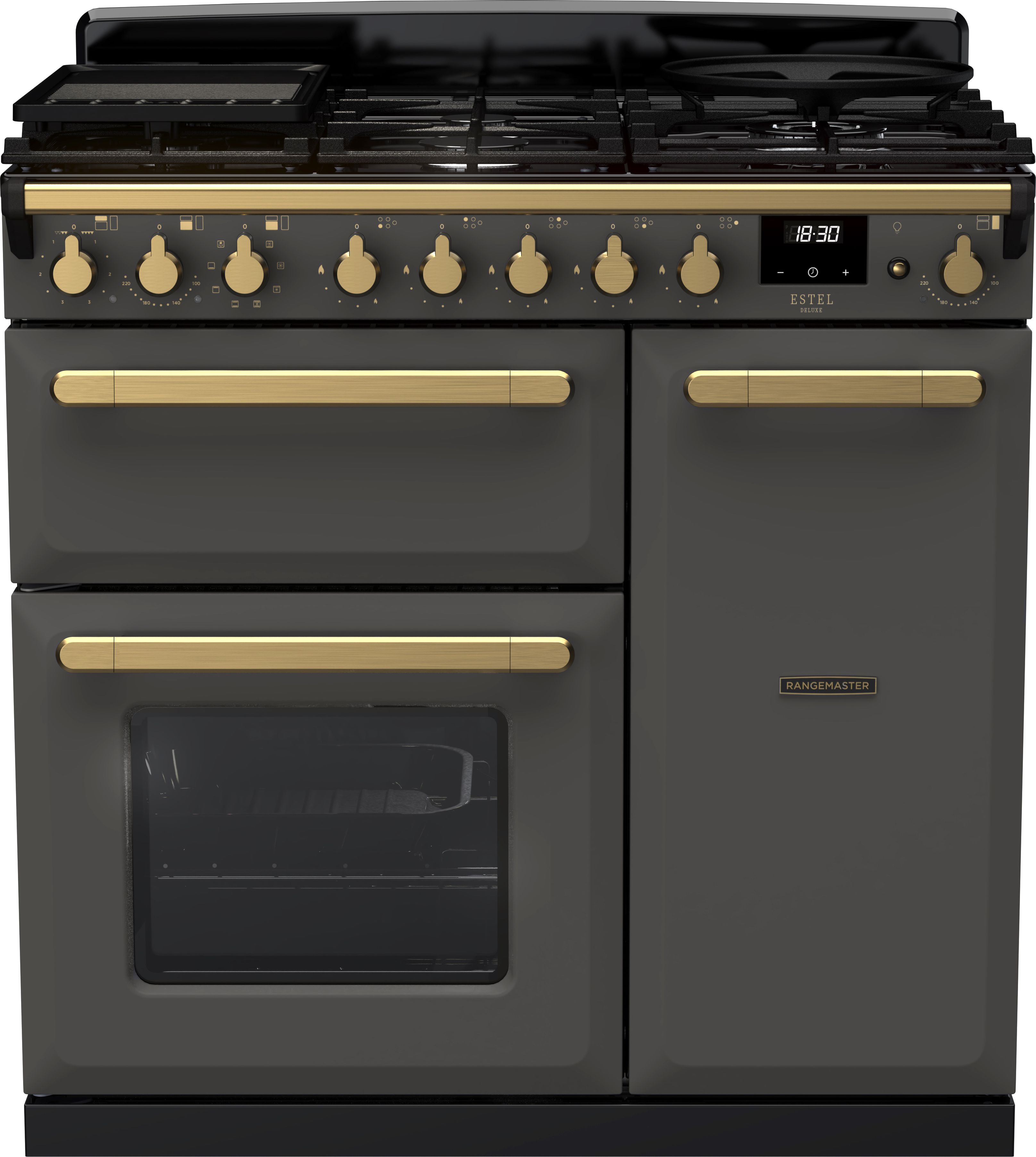 Image of Rangemaster Estel Deluxe ESDL90DFPSLT/AB1 90cm wide Dual Fuel Range Cooker with Gas Hob - Slate / Antique Brass - A/A Rated, Grey