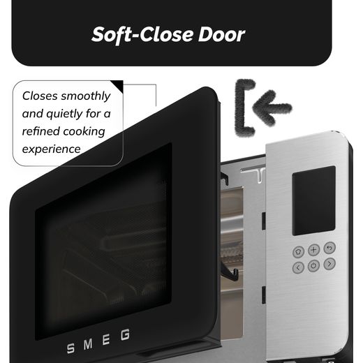 Smeg Collezione MOC01BLMUK 26 Litre 30cm High, Freestanding Small Microwave With Grill - Black - Annotation - soft close door shot