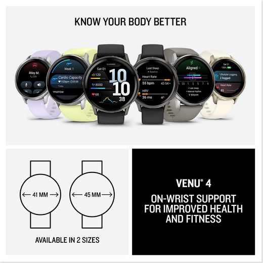 Garmin Venu 4, GPS - 45 - Silver/Grey - Annotation - know your body shot