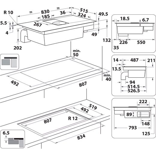 Hotpoint PVH92BK/FKIT 83cm Venting Induction Hob - Black - Annotation - Dimensions shot