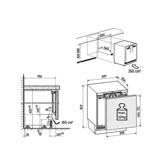 Liebherr Prime URPd365i Integrated Under Counter 82cm Fridge - White - Dimensions
