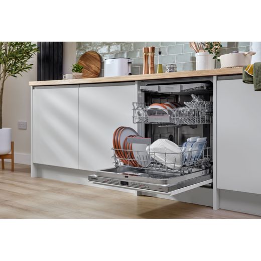 Bosch Series 6 Fully Integrated Standard Dishwasher - Stainless Steel - dishwasher with door open in kitchen shot