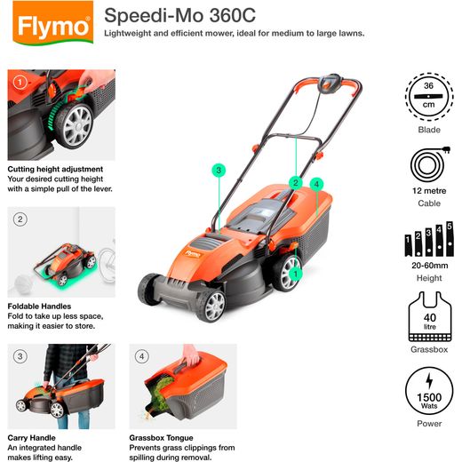 Flymo Speedi-Mo 360C Corded Lawn Mower - Orange - annotation - feature shot
