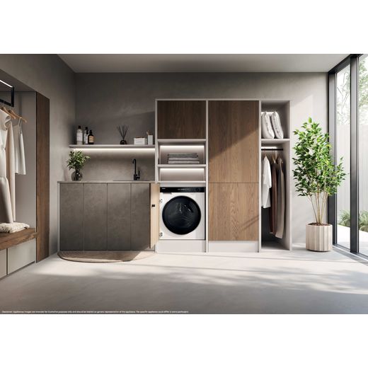Haier Series 8 HWB100B14858U1UK Integrated 10kg Washing Machine with 1400 rpm - White  - Dishwasher in utility room shot