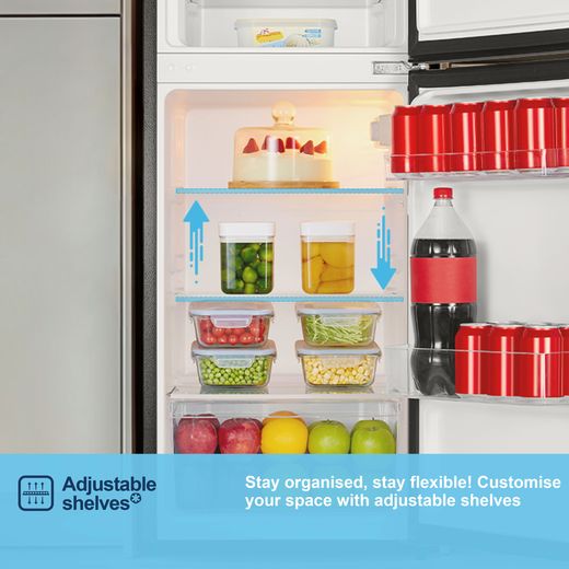 Fridgemaster MTM48120EB 117cm 80/20 Small Fridge Freezer - Black - Annotation - Adjustable shelves shot