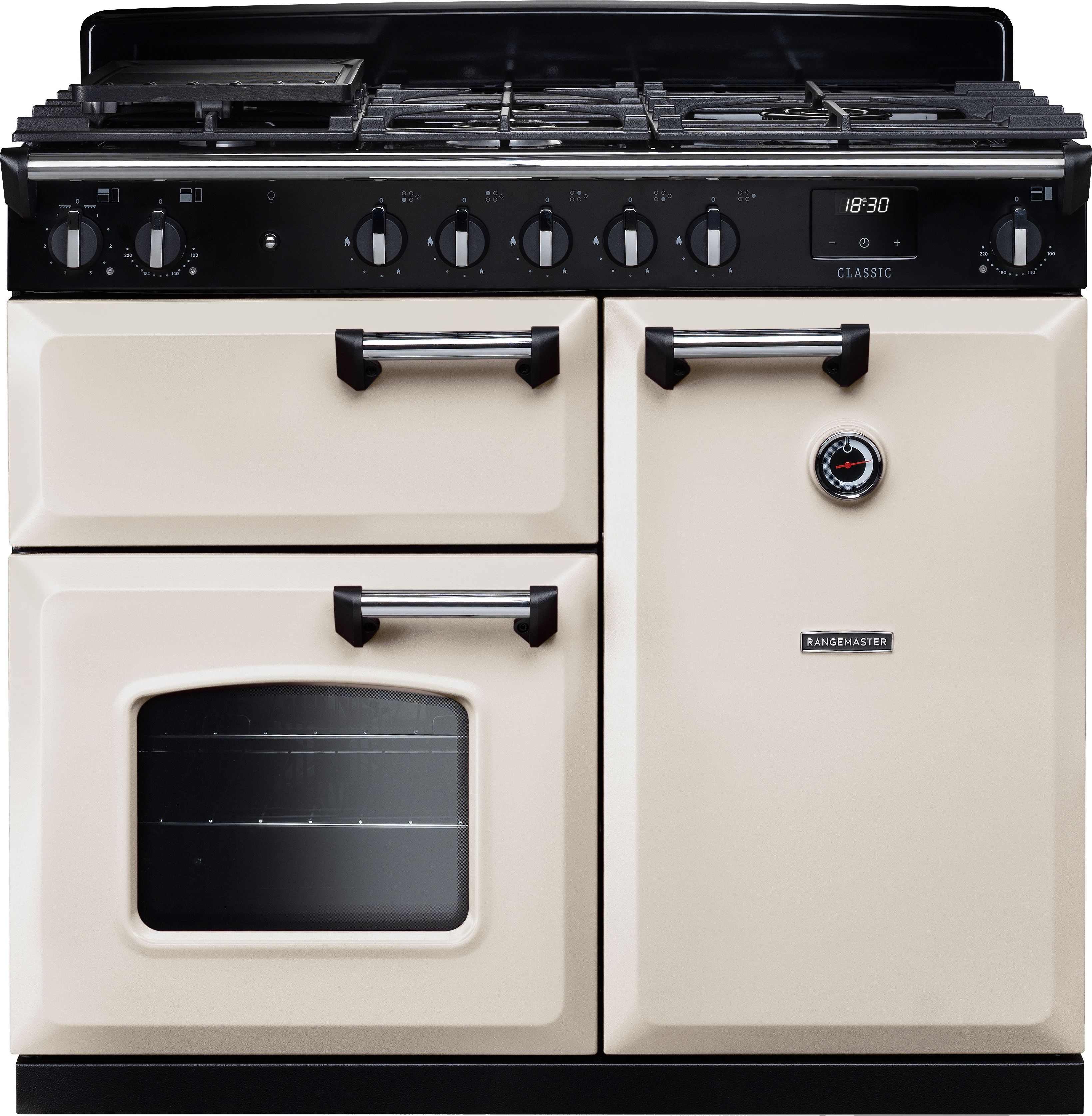 Image of Rangemaster Classic CL100DFPPCR/CM1 100cm wide Dual Fuel Range Cooker with Gas Hob - Pale Cream / Chrome - A Rated, Cream