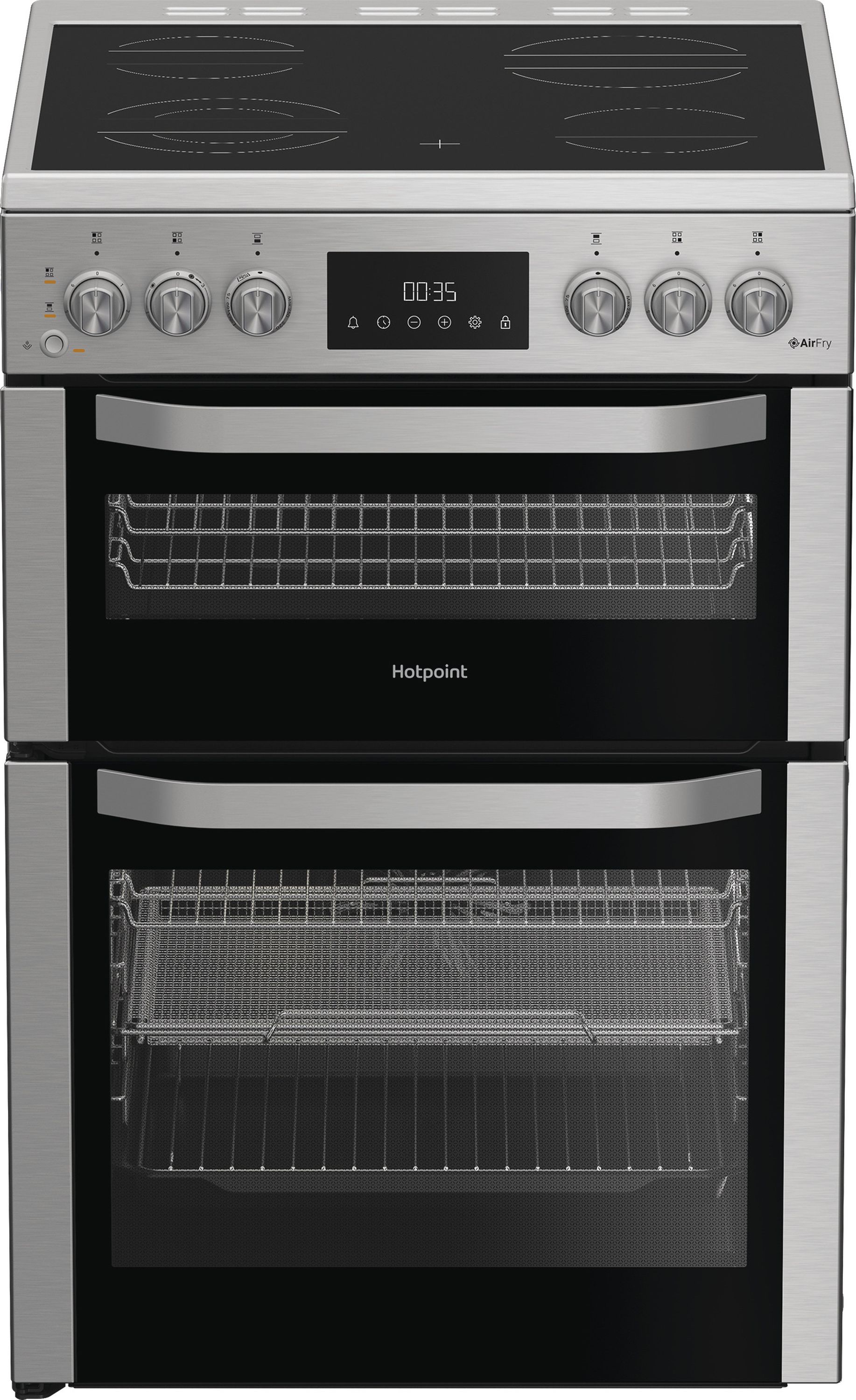 Image of Hotpoint HDE6VDCASX 60cm Wide Double Oven Electric Cooker with Ceramic Hob - Stainless Steel - A Rated, Stainless Steel