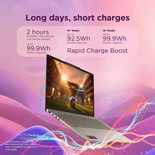 Lenovo IdeaPad Slim 5 OLED 14" Copilot+ Laptop - AMD Ryzen™ AI 7, 512GB SSD, 16 GB RAM - Breeze Moss - annotation - battery life shot 