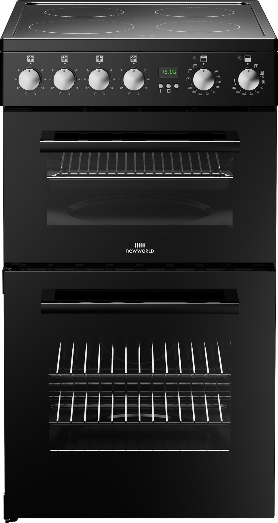 New World 50cm Double Oven Electric Cooker - Black - Ceramic Hob - Fan Oven