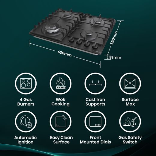 Hisense GM663BHF 60cm Gas Hob - Black - Annotation - Feature shot 
