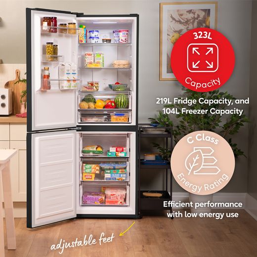 Russell Hobbs RH184FF602C1DI 184cm 60/40 Fridge Freezer - Dark Inox - Annotation - Capacity and energy label shot