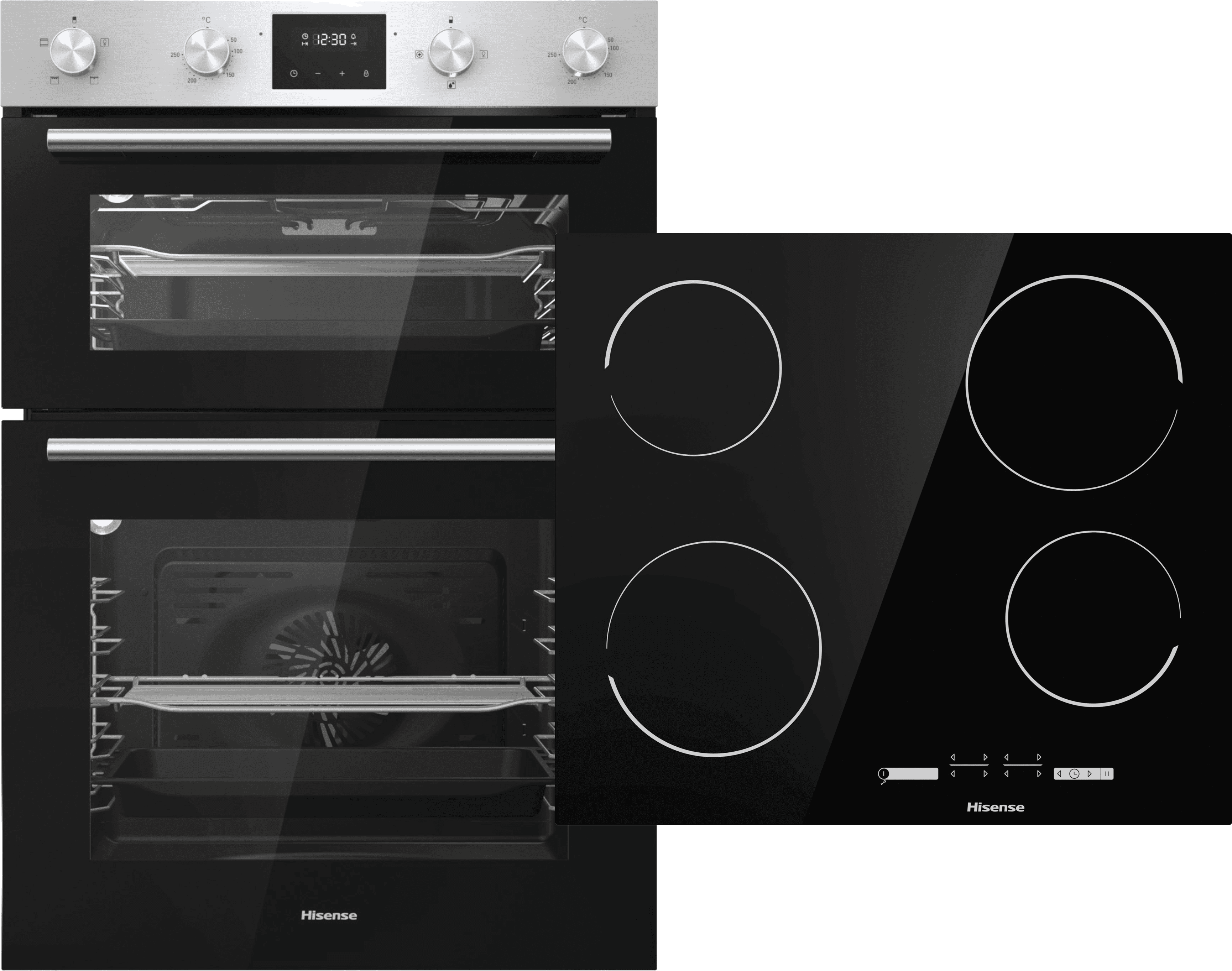 Hisense BI6095CXUK Built In Electric Double Oven and Ceramic Hob Pack - Stainless Steel / Black - A/A Rated, Stainless Steel