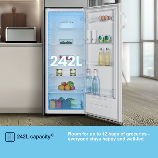 Fridgemaster MTL55242E 143cm Small Fridge - White - Annotation - 242L capacity
