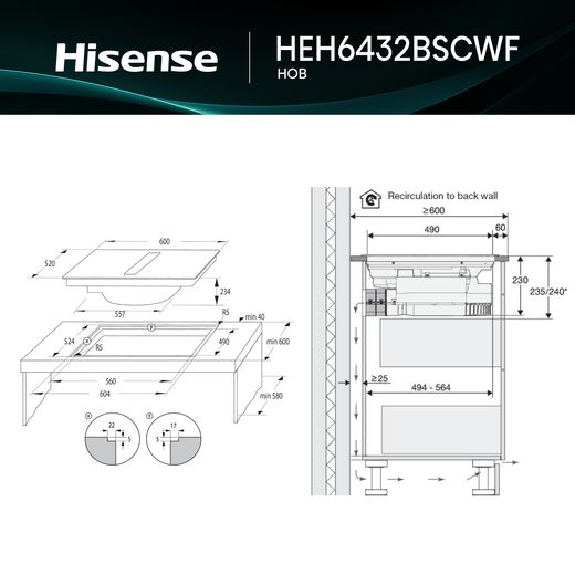 Hisense Hi6 HEH6432BSCWF 60cm Venting Induction Hob - Black - Annotation - Dimensions  shot 