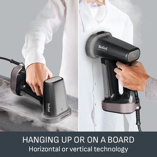 Tefal Pure Force DT8765G0 Handheld Garment Steamer - Grey / Rose Gold - Annotation - hanging up shot