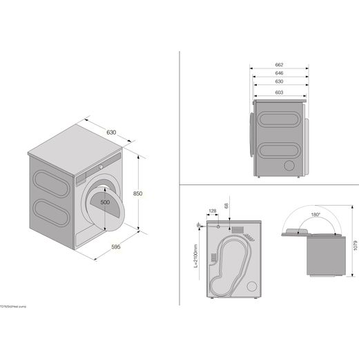 ASKO T309HCW.UK Wifi Connected 9Kg Heat Pump Tumble Dryer - White - Dimensions