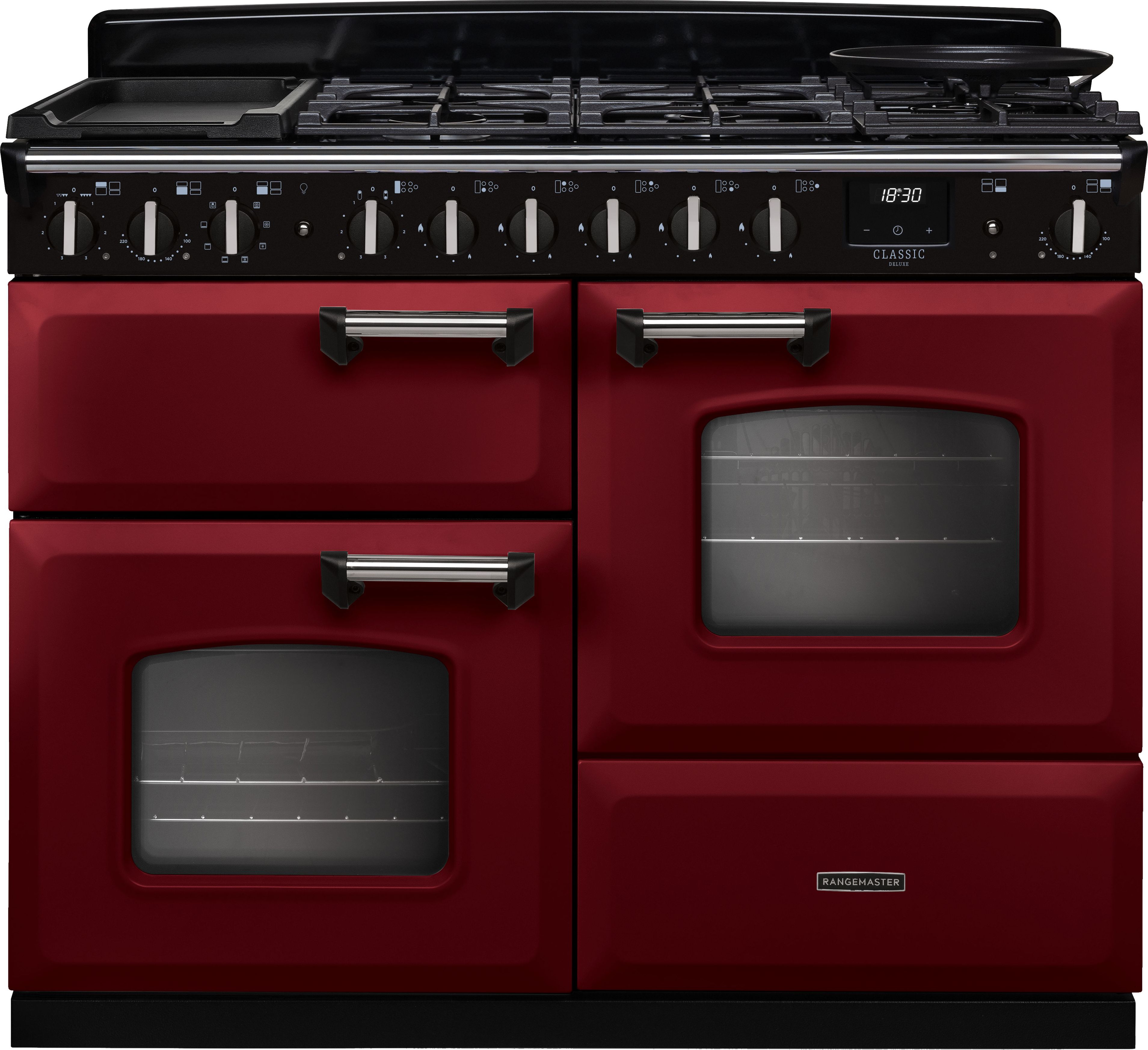 Image of Rangemaster Classic Deluxe 110 CLDLO110DFPBOR/CM1 110cm wide Dual Fuel Range Cooker with Gas Hob - Bordeaux / Chrome - A Rated, Red