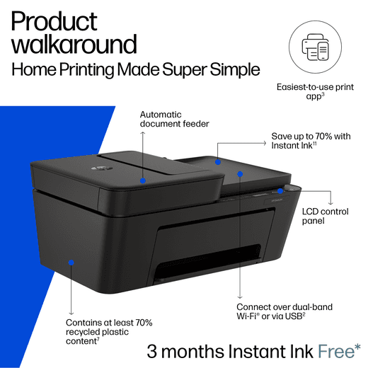 HP DeskJet 4310 Wireless All In One Inkjet Printer includes 3 months Free Instant Ink - Grey - Annotation - Product walkaround