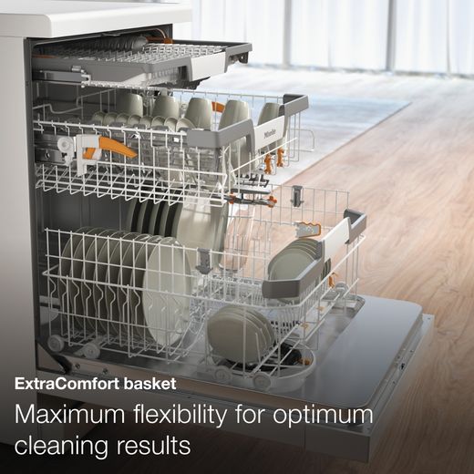 Miele Fully Integrated Standard Dishwasher - Clean Steel - Annotation -  Extra comfort basket shot