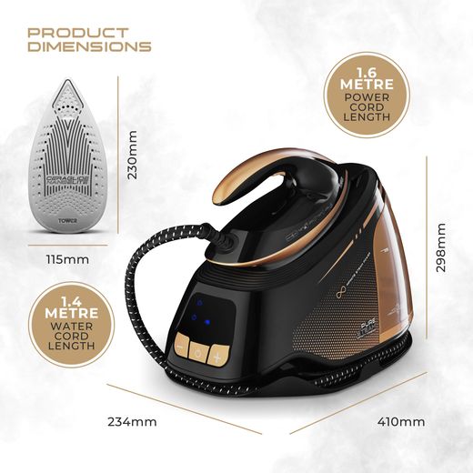 Tower PureSteam Infinity Xpress Steam Generator Iron - Black / Gold - Dimensions